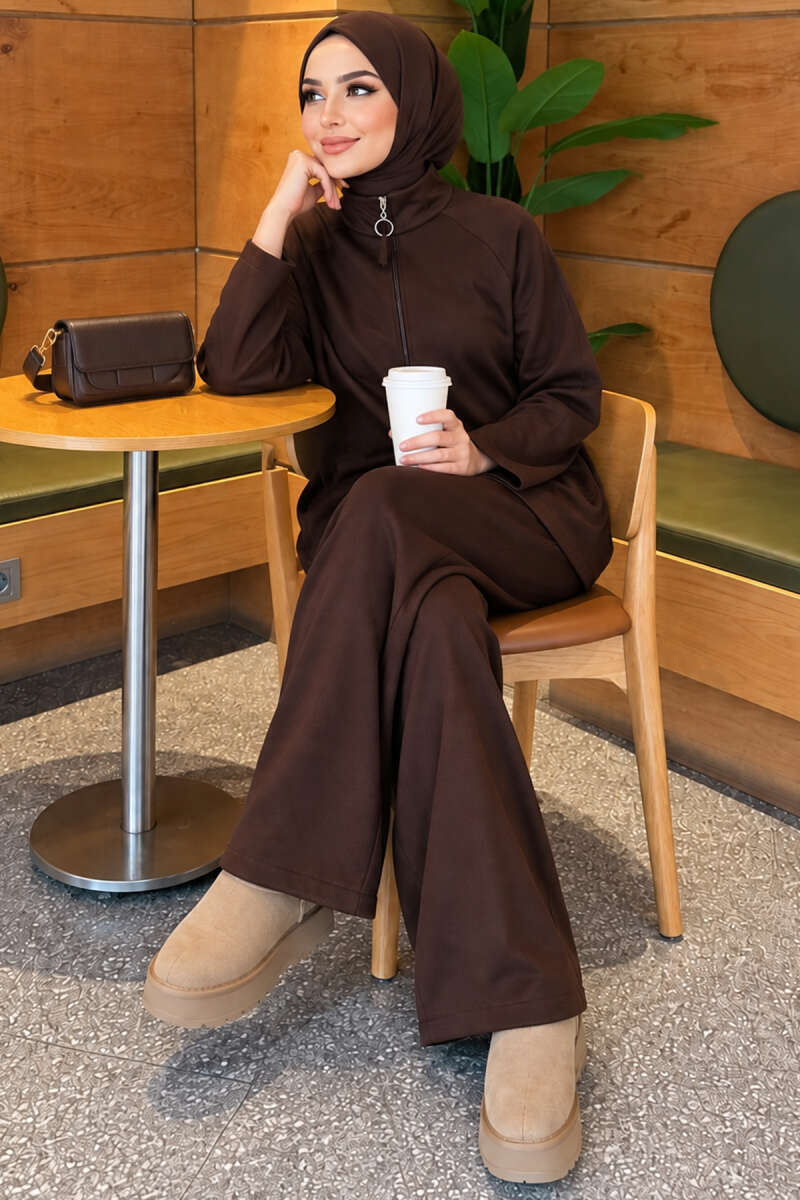 Pocketed French terry with zipper detail two-piece set Brown - Afbeelding 3