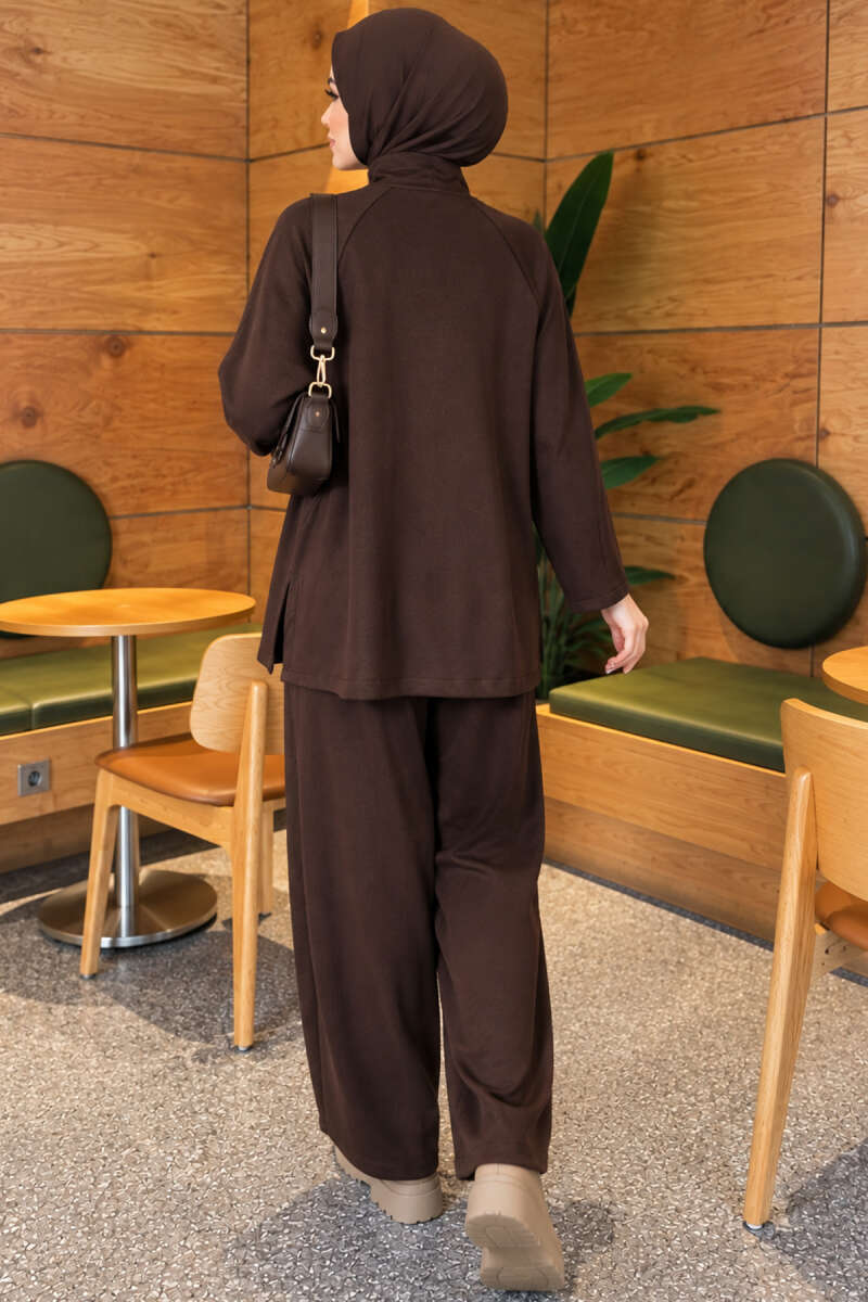 Pocketed French terry with zipper detail two-piece set Brown - Afbeelding 4