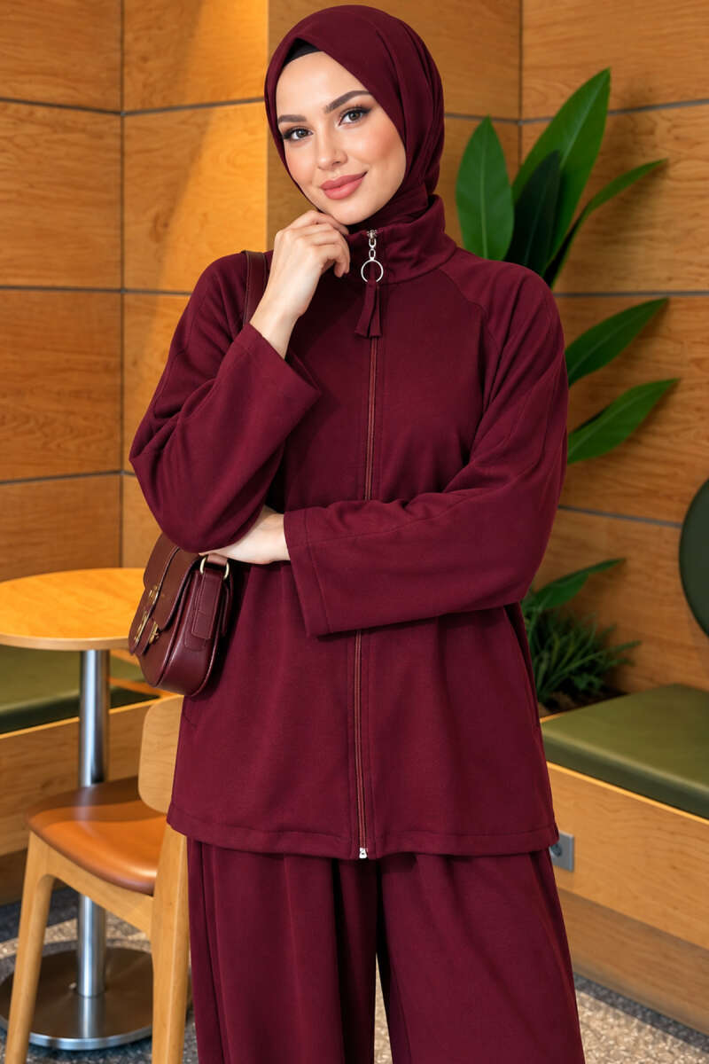 Pocketed French terry with zipper detail two-piece set Plum - الصورة 2