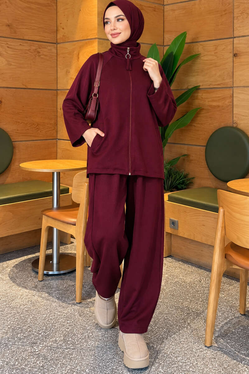 Pocketed French terry with zipper detail two-piece set Plum - الصورة 3