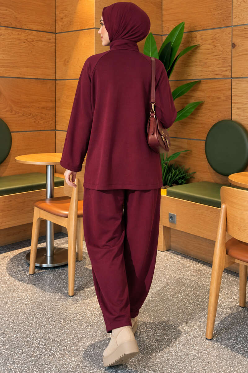 Pocketed French terry with zipper detail two-piece set Plum - الصورة 4
