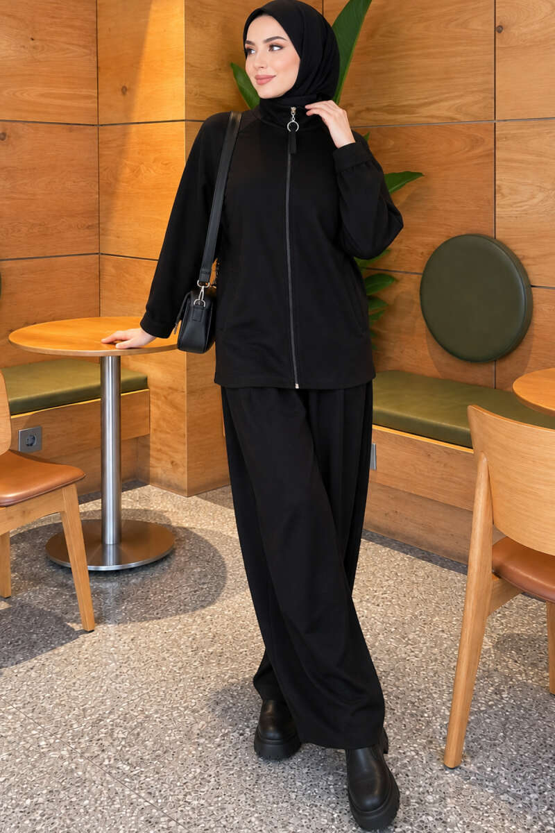 Pocketed French terry with zipper detail two-piece set Black