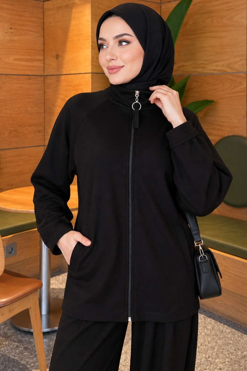 Pocketed French terry with zipper detail two-piece set Black - الصورة 2