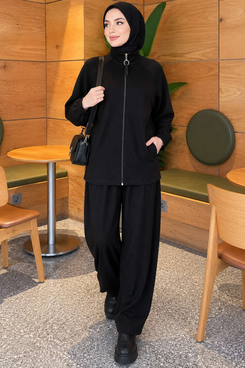 Pocketed French terry with zipper detail two-piece set Black - الصورة 3