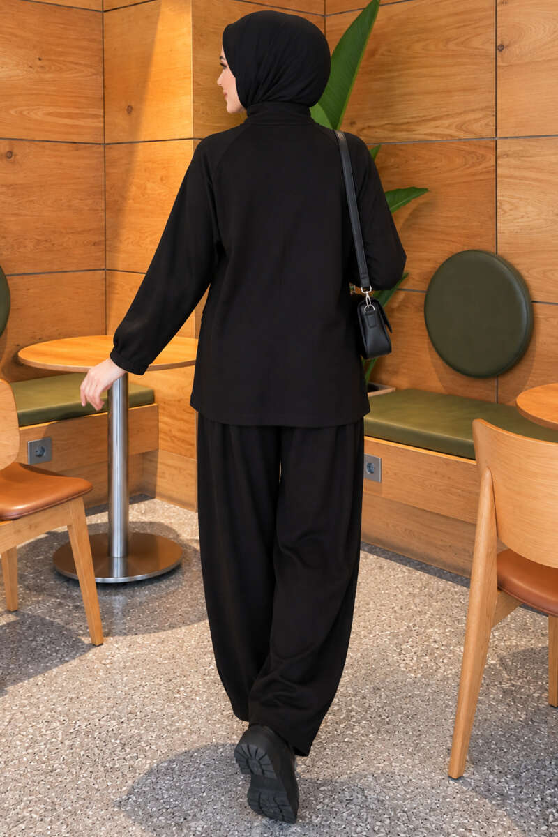 Pocketed French terry with zipper detail two-piece set Black - الصورة 4
