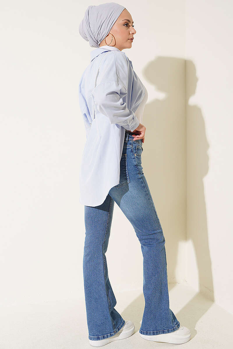 Pocketed Spanish-style Wide-Leg Denim Trousers Blue - Imagen 3