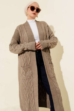 Alternative view of Pocketed Knitted Patterned Long Cardigan Mink