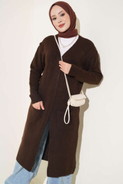 Alternative view of Pocketed Long Knit Cardigan Dark Brown