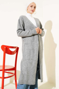 Alternative view of Pocketed Long Knit Cardigan Grey