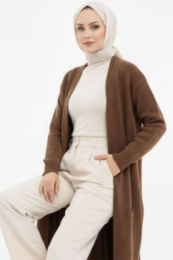 Alternative view of Pocketed Long Knit Cardigan Brown