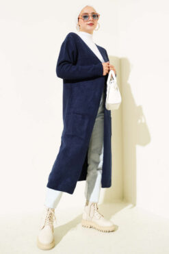 Alternative view of Pocketed Long Knit Cardigan Navy Blue