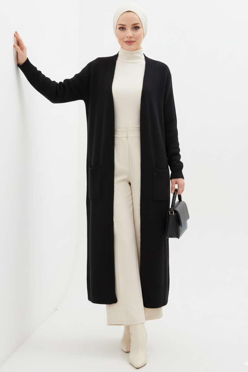 Pocketed Long Knit Cardigan Black