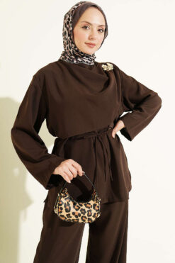 Alternative view of Floral Brooch-Detail French Terry Two-Piece Set Brown