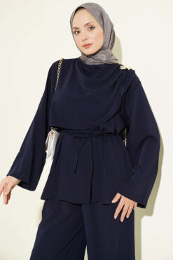 Alternative view of Floral Brooch-Detail French Terry Two-Piece Set Navy Blue