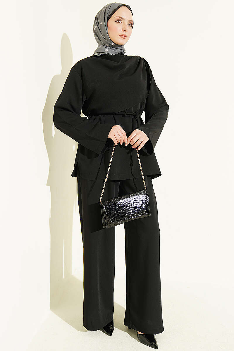 Floral Brooch-Detail French Terry Two-Piece Set Black