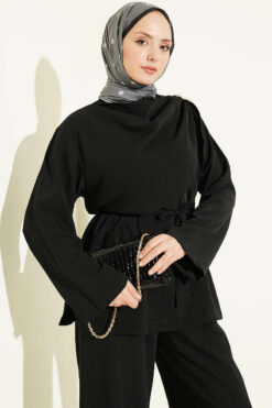 Alternative view of Floral Brooch-Detail French Terry Two-Piece Set Black