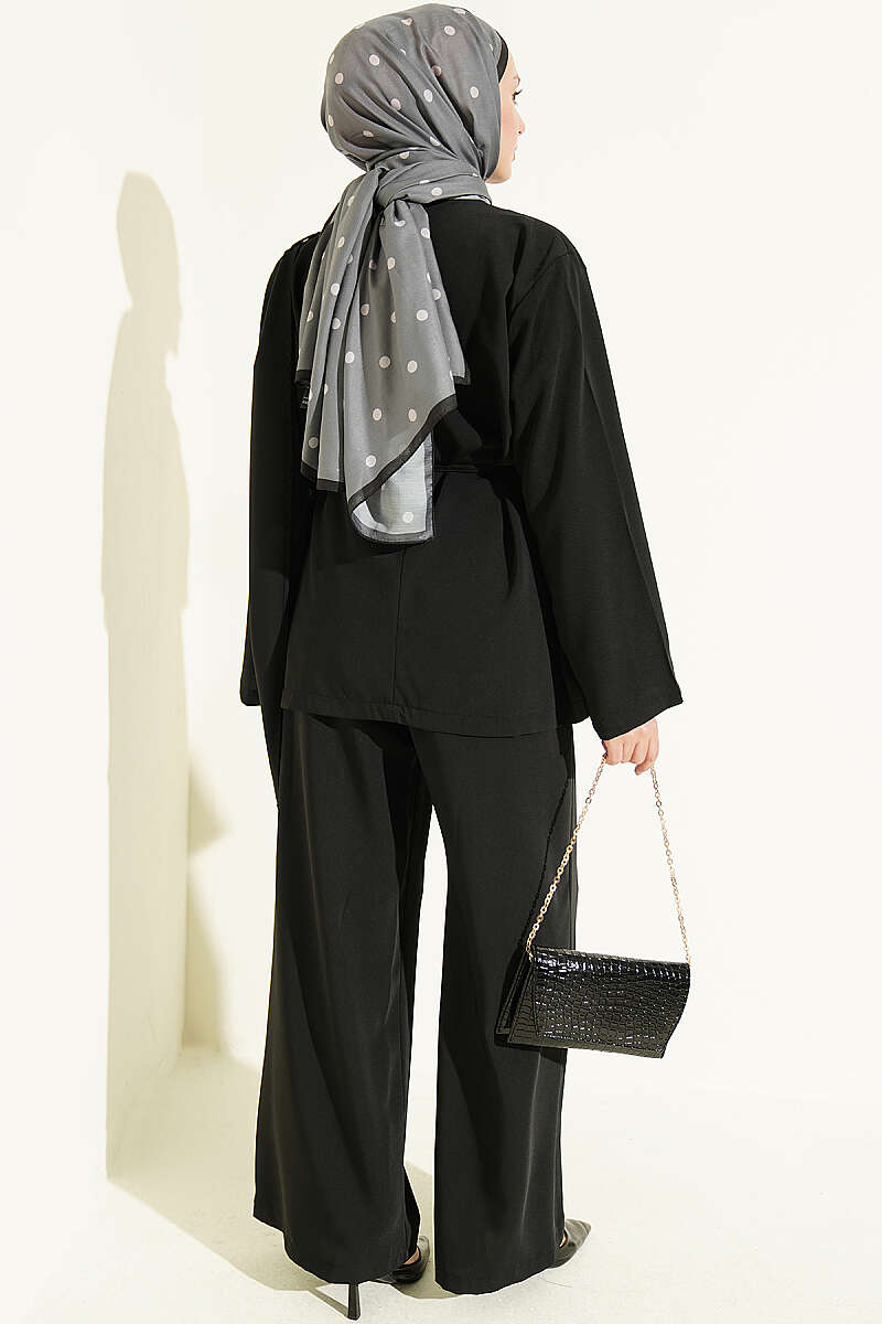 Floral Brooch-Detail French Terry Two-Piece Set Black - الصورة 3