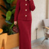 ⁦Floral Gold Buttoned Knit Two-Piece Set with Hem Edge Burgundy⁩ - الصورة ⁦3⁩