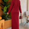 ⁦Floral Gold Buttoned Knit Two-Piece Set with Hem Edge Burgundy⁩ - الصورة ⁦4⁩