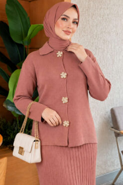 Alternative view of Floral Gold Buttoned Knit Two-Piece Set with Hem Edge Rose Dust