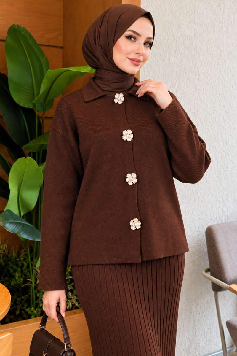 Floral Gold Buttoned Knit Two-Piece Set with Hem Edge Brown - الصورة 2