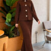 Floral Gold Buttoned Knit Two-Piece Set with Hem Edge Brown - الصورة 3