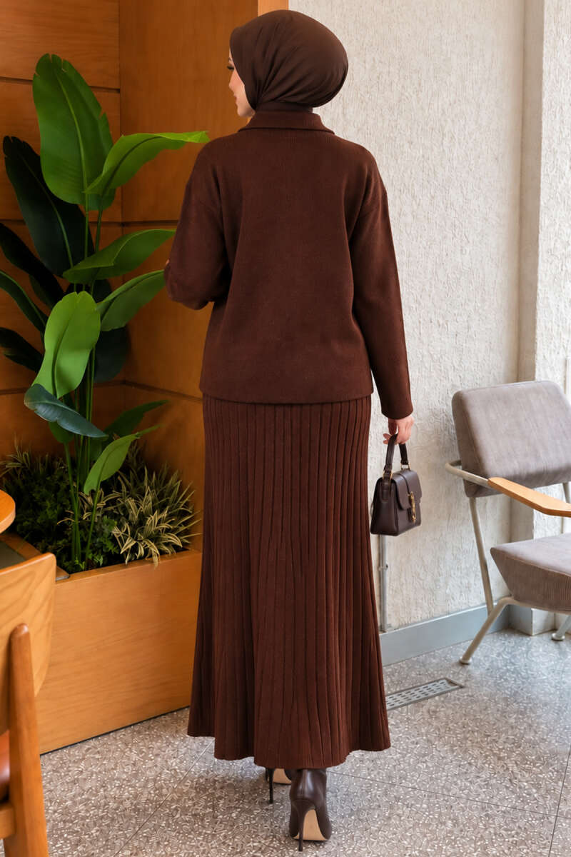 Floral Gold Buttoned Knit Two-Piece Set with Hem Edge Brown - الصورة 4