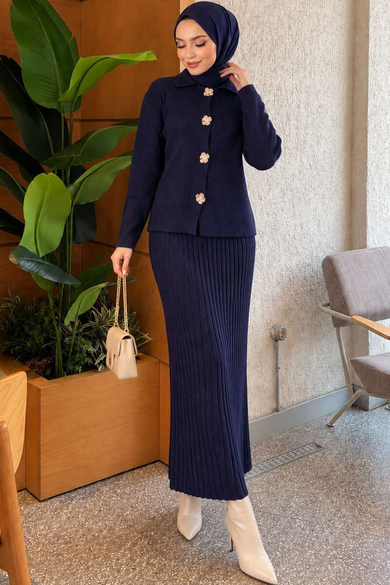 Honeycomb Pattern Knit Two-Piece Set Navy Blue - Image 5
