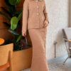 Floral Gold Buttoned Knit Two-Piece Set with Hem Edge Latte - Image 3