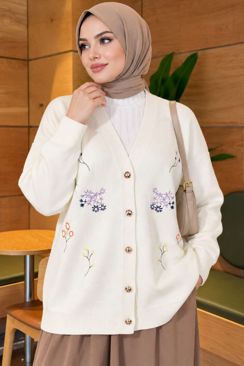 Embroidered V-Neck Knit Cardigan Beige