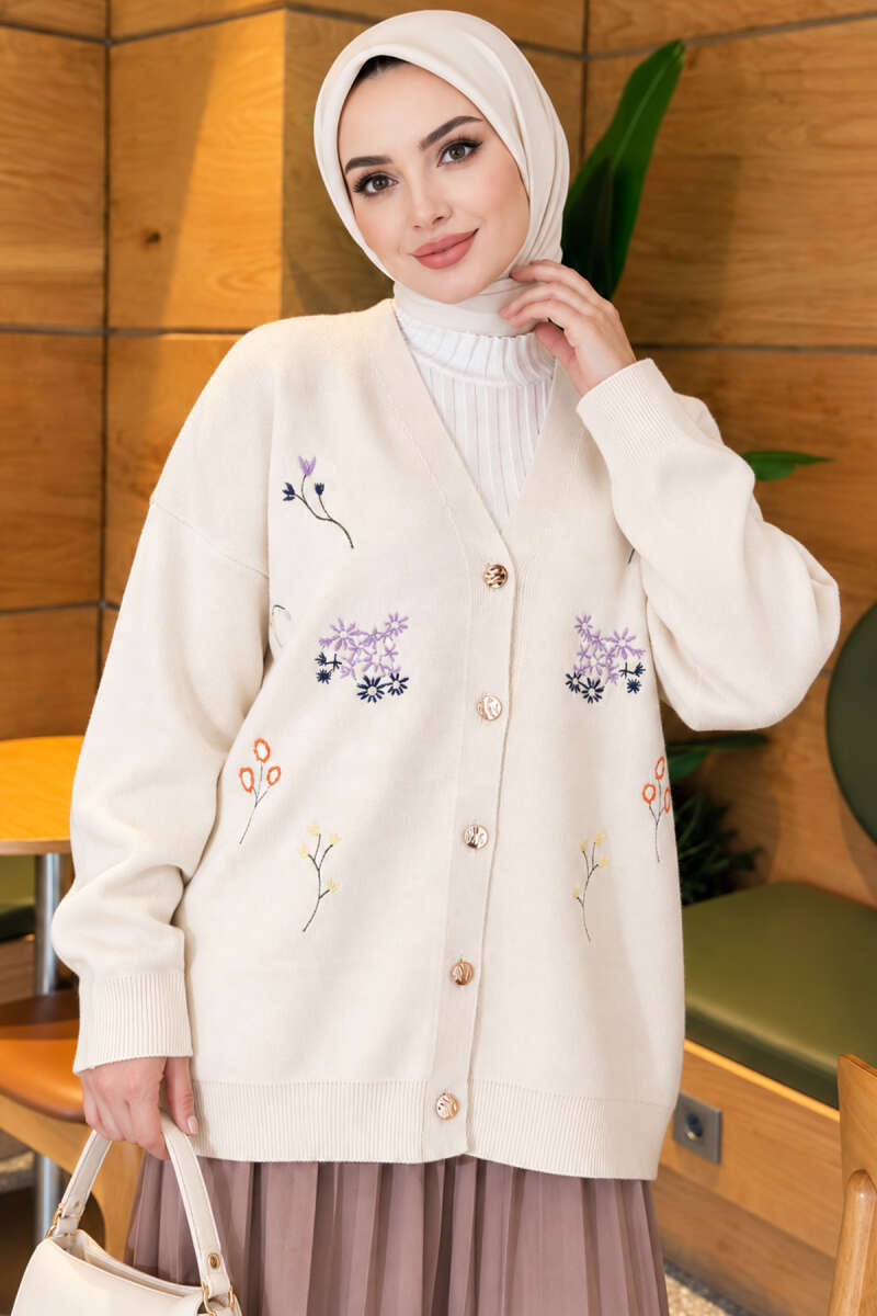 Embroidered V-Neck Knit Cardigan Ecru
