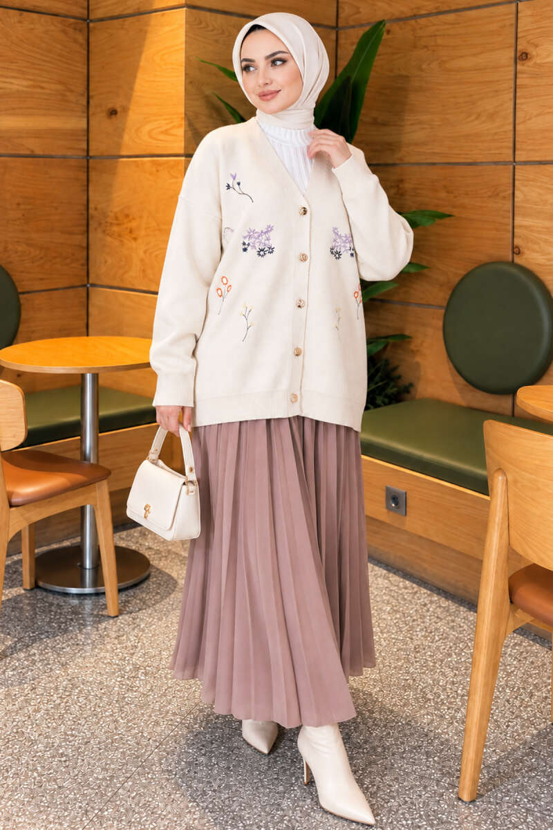 Embroidered V-Neck Knit Cardigan Ecru - immagine 2