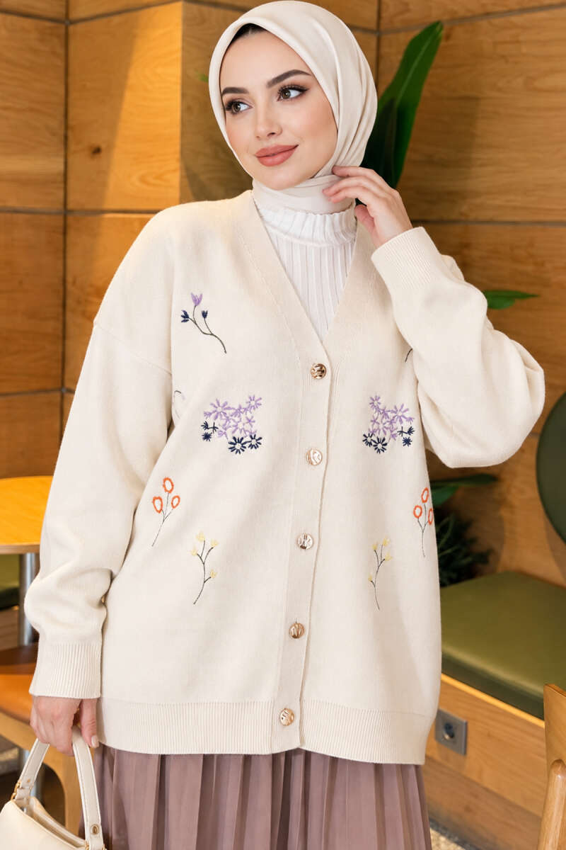 Embroidered V-Neck Knit Cardigan Ecru - immagine 3