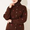 Flower Embroidered French Terry Knit Cardigan Brown