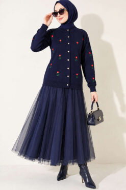 Alternative view of Flower Embroidered French Terry Knit Cardigan Navy Blue