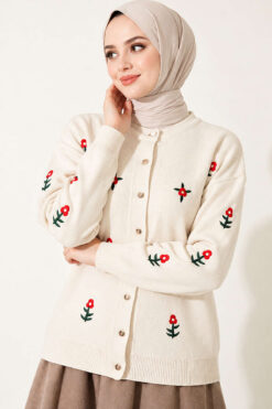 Alternative view of Flower Embroidered French Terry Knit Cardigan Stone