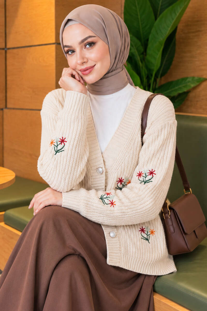 Embroidered Floral Button-Up Knit Cardigan Beige - immagine 3