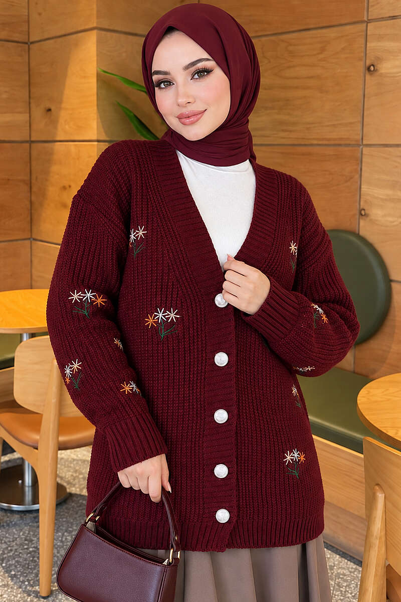 Embroidered Floral Button-Up Knit Cardigan Burgundy