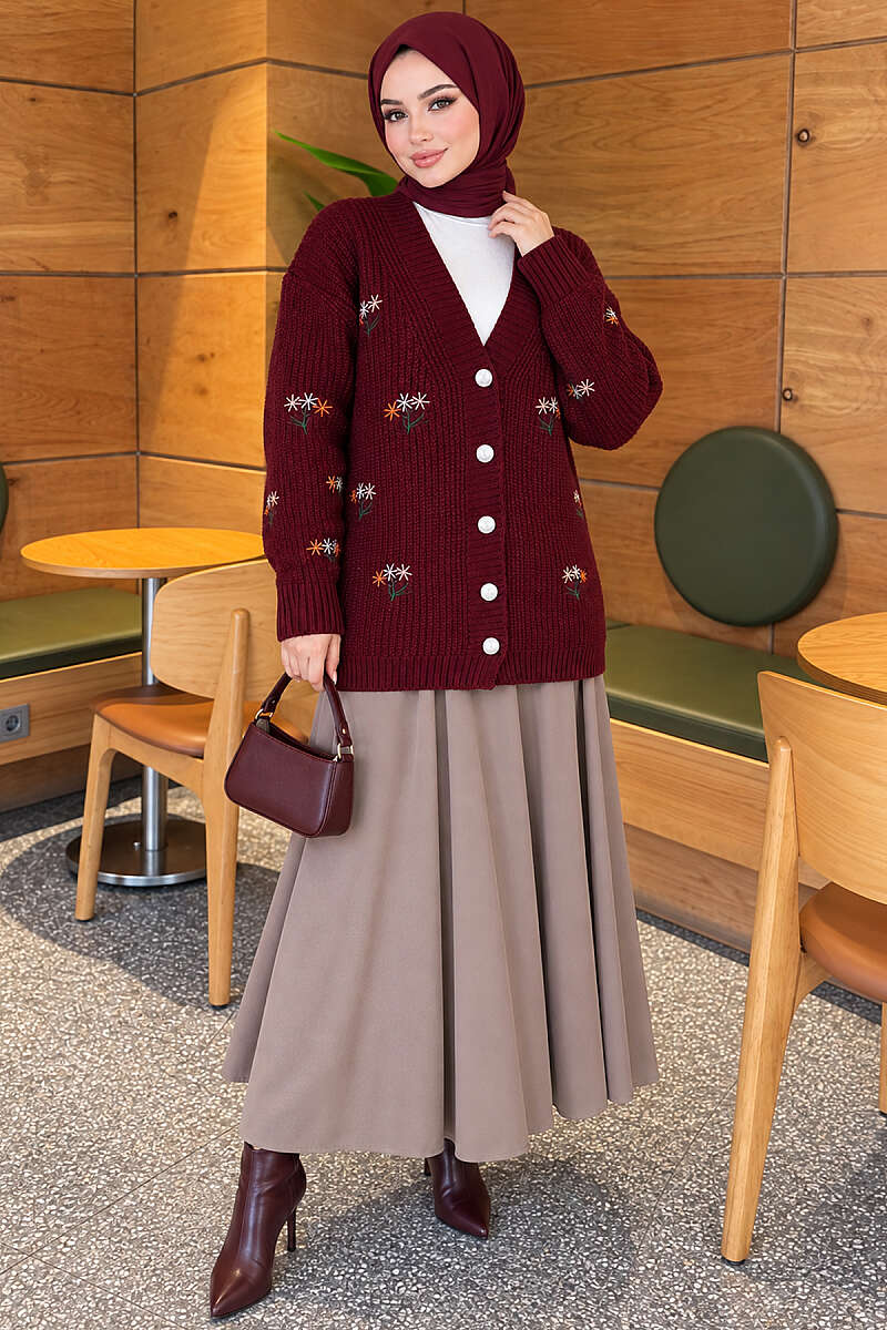 Embroidered Floral Button-Up Knit Cardigan Burgundy - الصورة 2