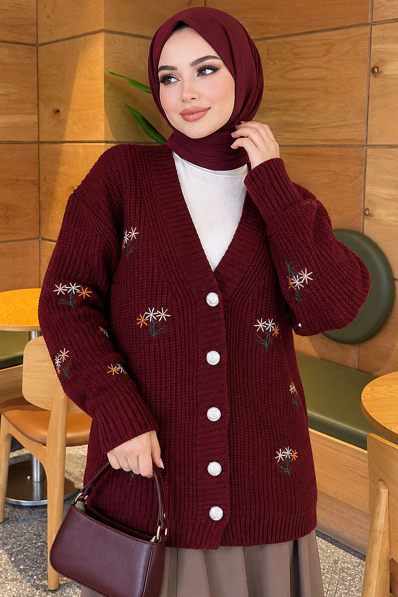 Embroidered Floral Button-Up Knit Cardigan Burgundy - الصورة 3