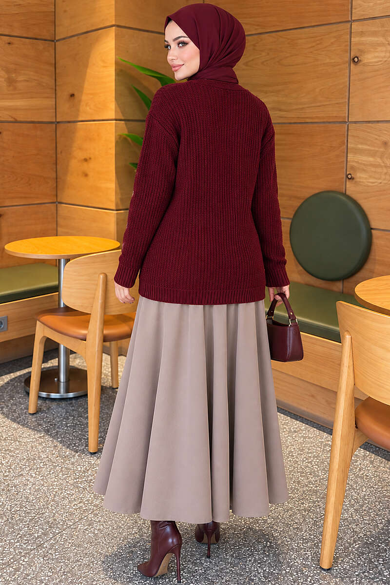 Embroidered Floral Button-Up Knit Cardigan Burgundy - الصورة 4