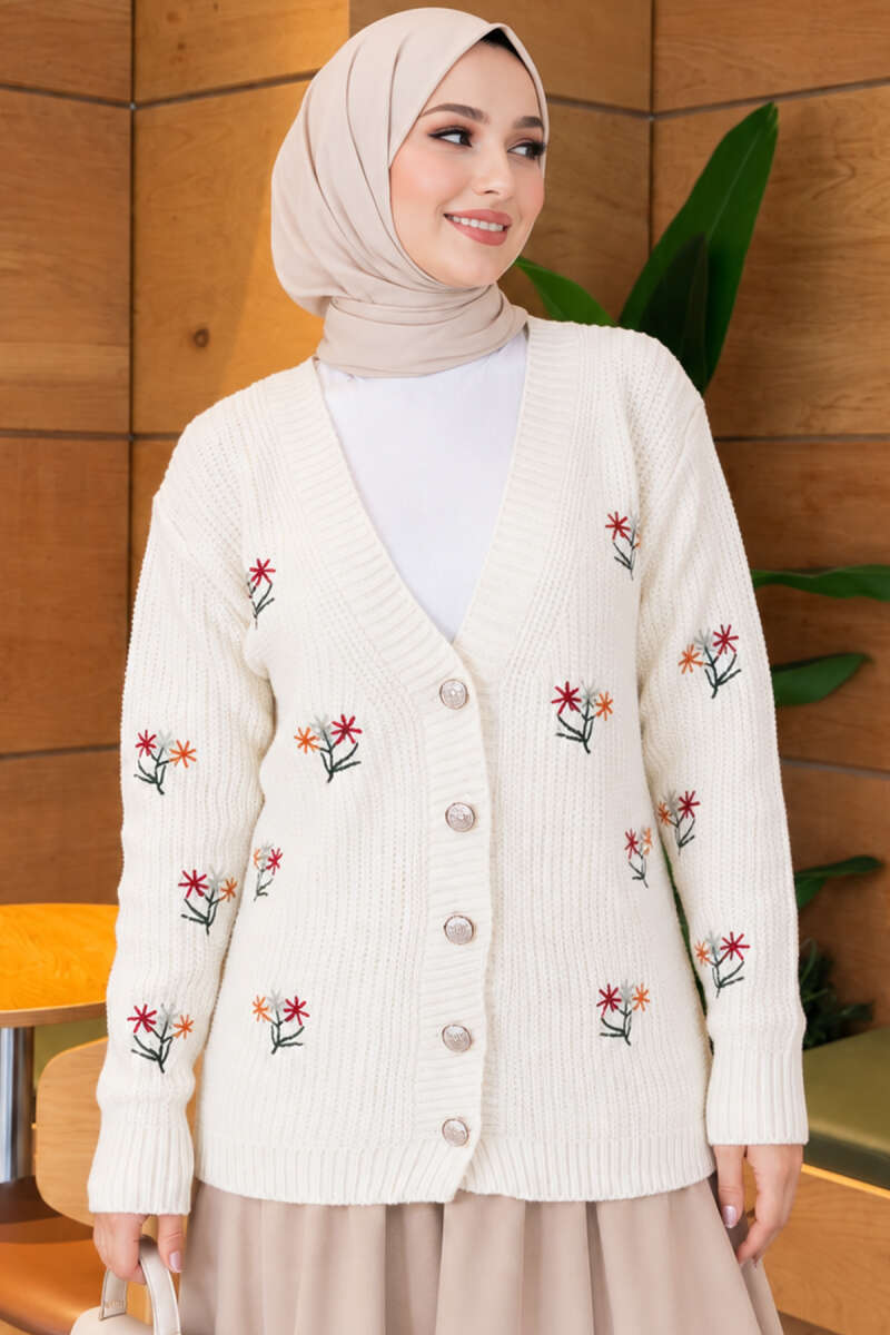 Embroidered Floral Button-Up Knit Cardigan Ecru