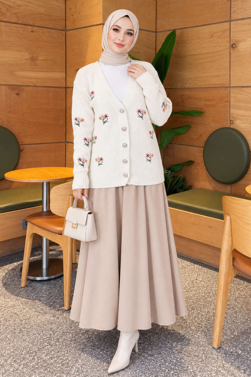 Embroidered Floral Button-Up Knit Cardigan Ecru - immagine 2
