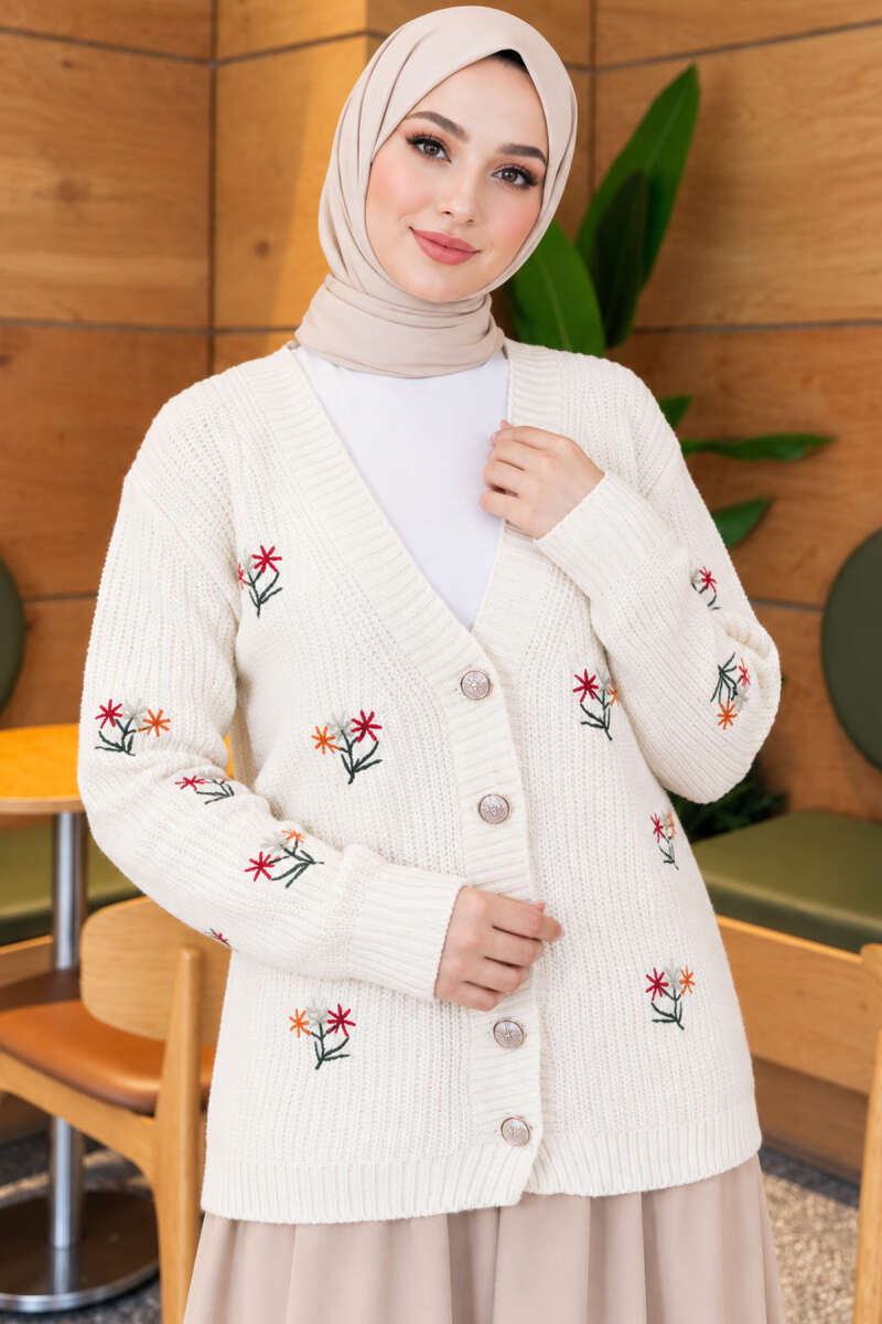 Embroidered Floral Button-Up Knit Cardigan Ecru - immagine 3