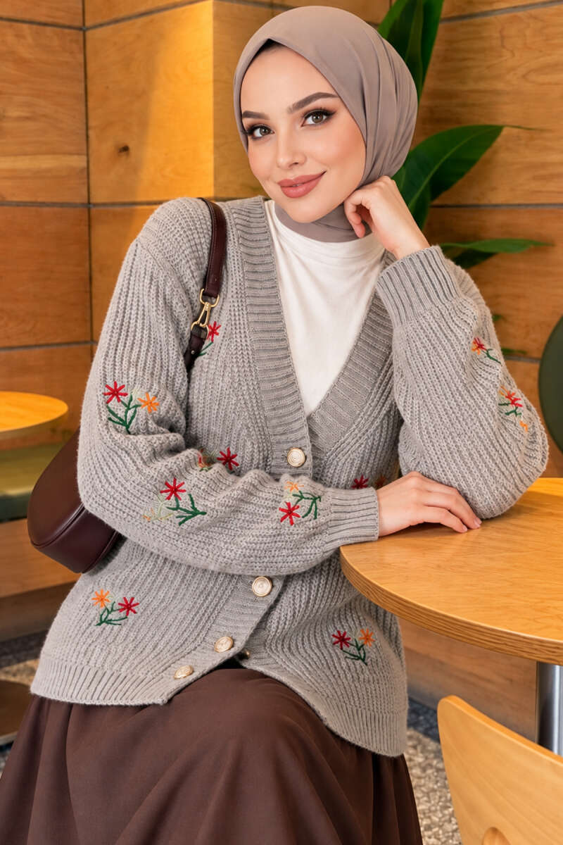 Embroidered Floral Button-Up Knit Cardigan Grey
