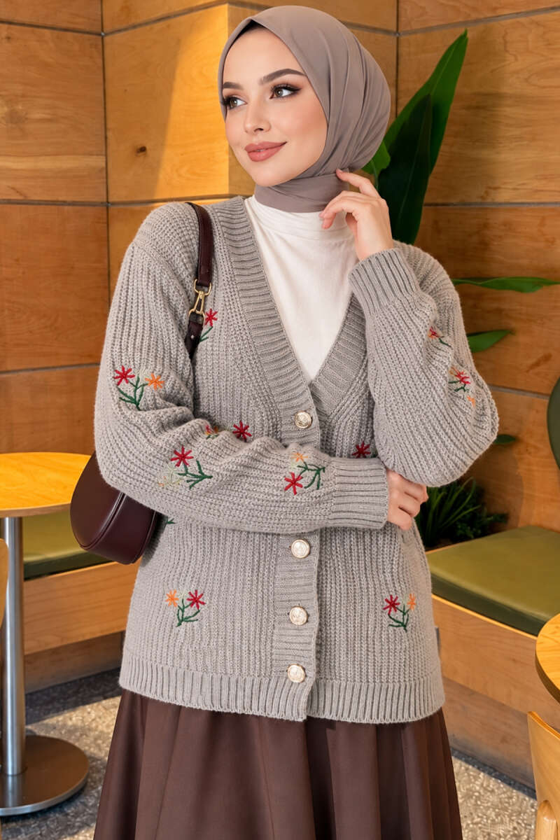Embroidered Floral Button-Up Knit Cardigan Grey - immagine 3