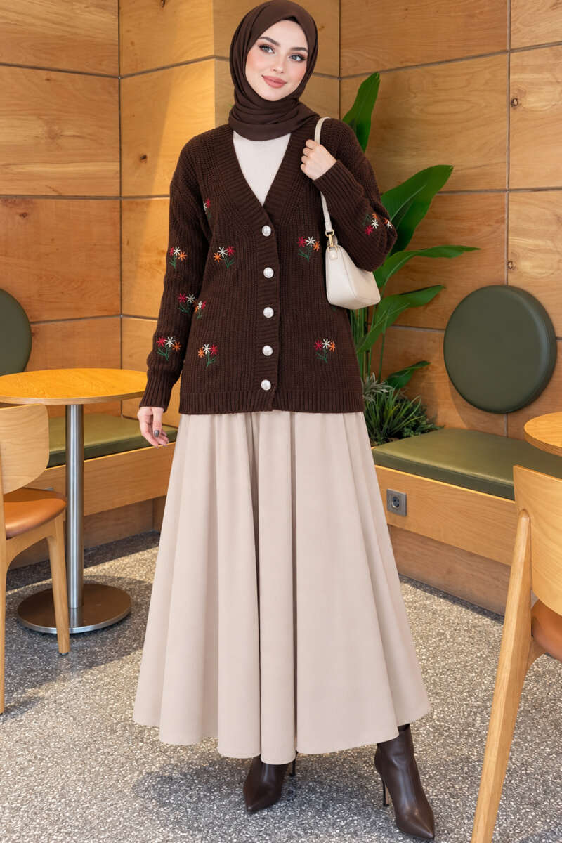 Embroidered Floral Button-Up Knit Cardigan Brown - immagine 2