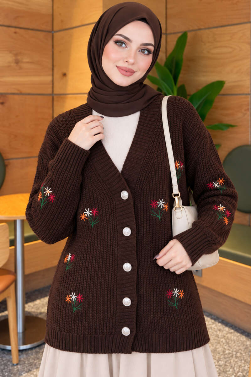 Embroidered Floral Button-Up Knit Cardigan Brown - immagine 3