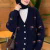 Embroidered Floral Button-Up Knit Cardigan Navy Blue - Image 3