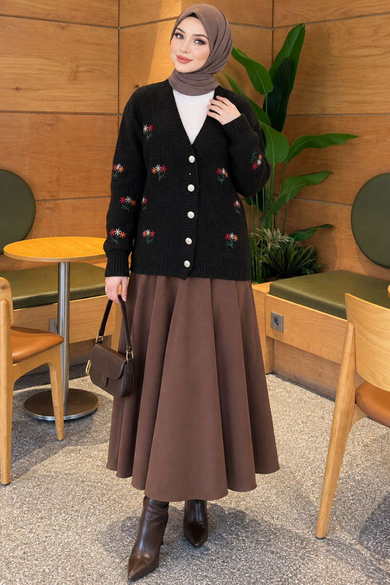 Embroidered Floral Button-Up Knit Cardigan Black - Image 2